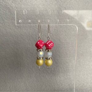 Hand crafted pink‎ dice, light blue, and yellow bead dangle earrings